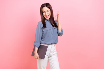 Photo of positive excited business freelancer girl hold netbook coder showing okey sign fingers enjoy remote job isolated on pink color background