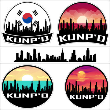 Kunp'o Skyline Silhouette South Korea Flag Travel Souvenir Sticker Sunset Background Vector Illustration SVG EPS AI