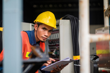 Asian people working in factory, Asian worker checking machine in factory