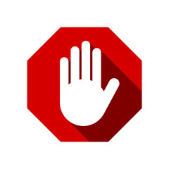 Red Stop Hand Block Octagon Sign or Adblock or Do Not Enter or Forbidden Icon with 3D Style Shadow Effect. Vector Image.