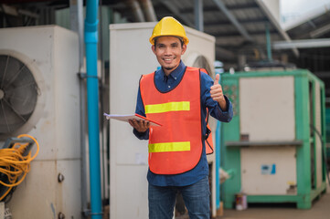 Asian people working in factory, Asian worker checking machine in factory
