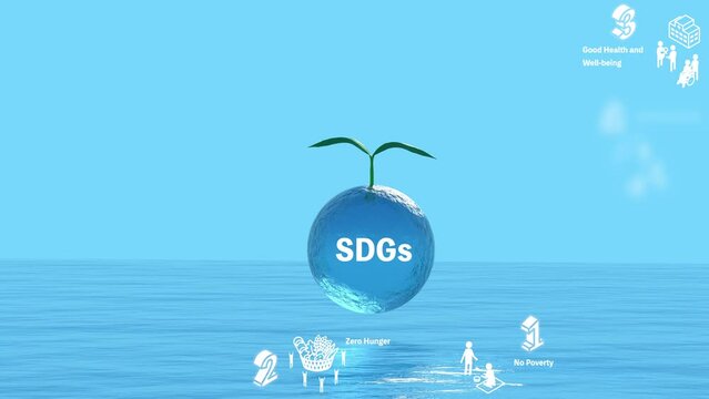 Environmental protection image of SDGs, animation of Sustainable Development Goals icon floating and disappearing on sea and green background, Ecological image