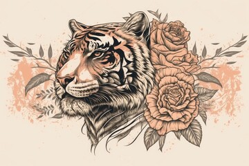 Tiger head with roses that was drawn by hand and put on a white background. Elegant pencil drawing of a wildcat from the side with flowers in a vintage style, for a t shirt or a tattoo. Generative AI