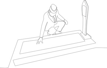 A man sitting beside the cemetery. One line drawing