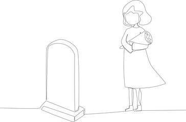 A daughter brings flowers to her mother's funeral. One line drawing