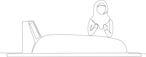 A child praying while crying at the grave. One line drawing
