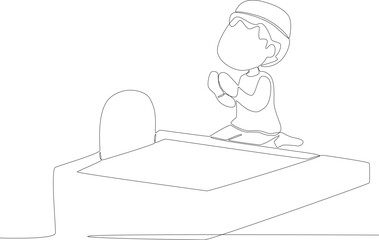 A child in a cemetery praying while raising his hands. One line drawing