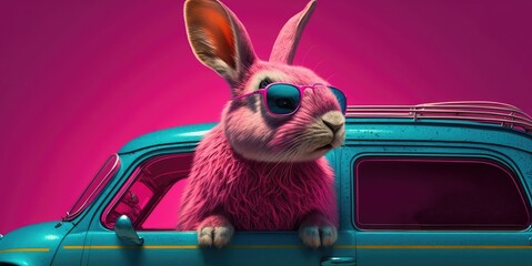 Pink easter bunny in a small blue car