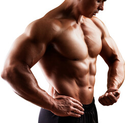 Fototapeta na wymiar Bodybuilder man with perfect, shoulders, biceps, triceps