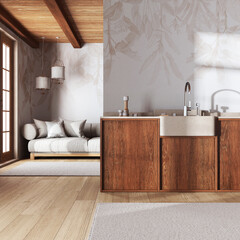 Japandi trendy kitchen and living room in white and beige tones with wallpaper. Wooden cabinets, contemporary fabric sofa. Minimalist interior design