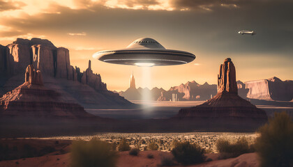 Fototapeta na wymiar Alien UFO spaceship fly above Grand Canyon, Arizona desert USA, Zone 51 with sun light. Generation AI