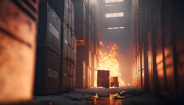 Interior logistics warehouse in fire, box burning. Generation AI