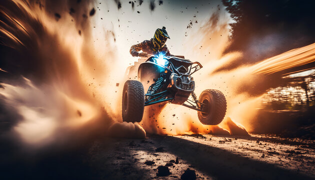 Man jumping atv vehicle on offroad track in touristic tour, extreme sport activities theme. Generation AI