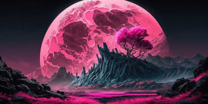 Pink planet landscape with the moon in the background
