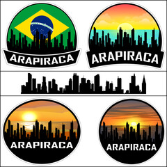 Arapiraca Skyline Silhouette Brazil Flag Travel Souvenir Sticker Sunset Background Vector Illustration SVG EPS AI