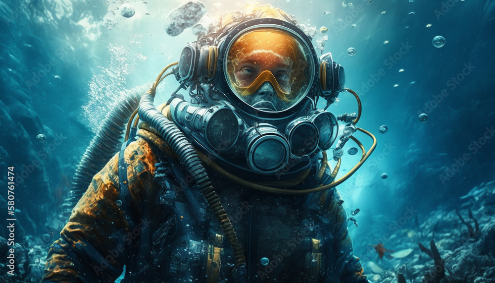 Wall mural a deep sea diver is diving on the sea floor. using modern technology diving suits. thick body armor 