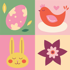 Easter colordul geometric pattern with bunny, painted egg, chicken. Vector
