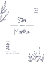 Simple Floral wedding invitation template with organic hand drawn leaves and flowers decoration	
