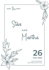 Simple Floral wedding invitation template with organic hand drawn leaves and flowers decoration	