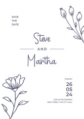 Simple Floral wedding invitation template with organic hand drawn leaves and flowers decoration	