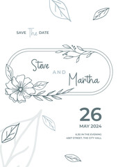 Simple Floral wedding invitation template with organic hand drawn leaves and flowers decoration	