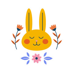 Folk style bunny muzzle and flowers. Modern minimalist spring vector design