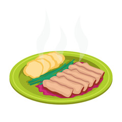 Meat dish with potatoes, berry sauce and onions. Grilled, sliced ​​meat on the grill. Vector graphic.