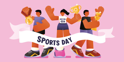 Sportsmans Holding Trophy And Medal At Finish Line, Vector, Illustration