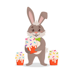Easter Bunny is holding an Easter cake. Easter. Set. Vector graphic.