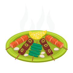 Barbecue. BBQ. Fried meat, fish, vegetables. Lemon. Vector graphic.
