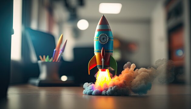 Colorful mini rocket launched in smokes from floor indoor