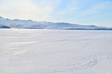 Aerial View of Frozen Lake Baikal Covered with Snow