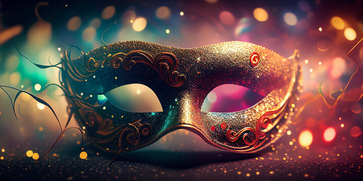 Carnival - Venetian Mask Party - Masquerade Disguise With Shiny Streamers On Abstract Defocused Bokeh Lights