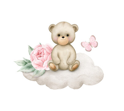 A cute teddy bear with a pink flower sitting on a cloud.