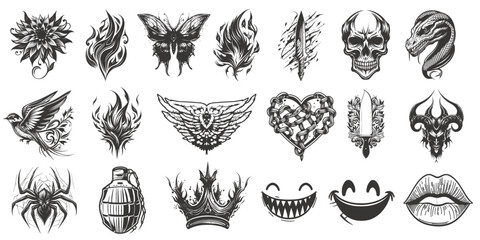 Fototapeta na wymiar Tattoo art 1990s, 2000s. Y2k stickers isolated on white background. Black trendy element design with heart, spider, knife, crown, devil wings. 90s hand drawn tattoo design for sticker. Vector