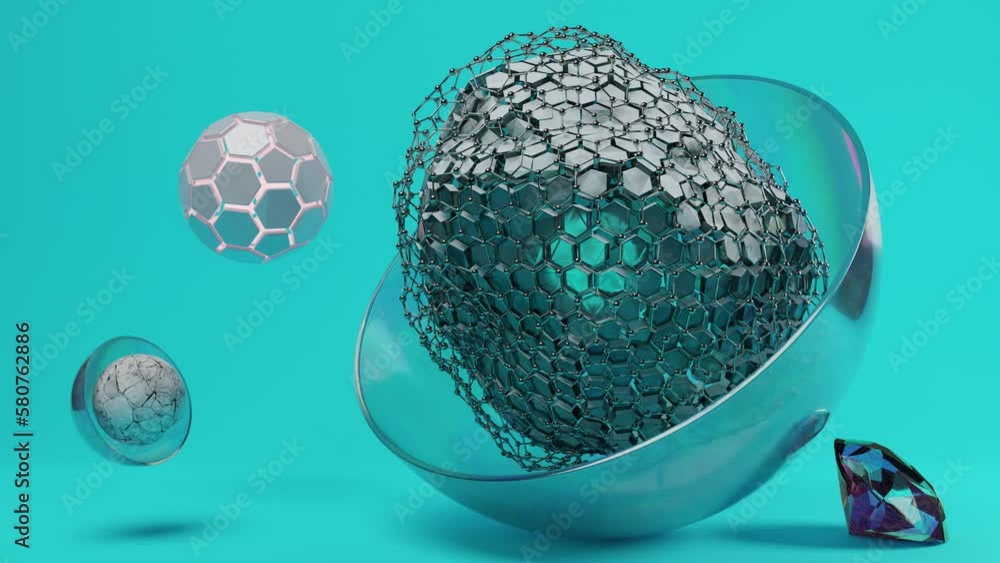 Aufkleber loop 3d animation of an abstract background of many yellow tubes and flying balls. spheres turn into