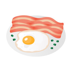 English breakfast fried eggs with bacon on a plate isolated on white background in flat style.