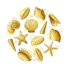 Outline sea golden shells composition in a circle template.