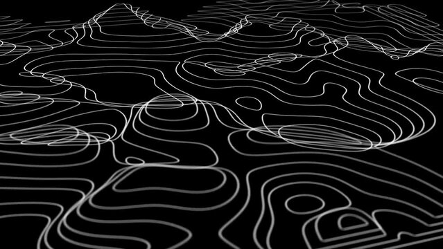 Abstract animated outline topographic contour map. Moving waves on black background. Flowing, changing, morphing landscape with contour lines. 