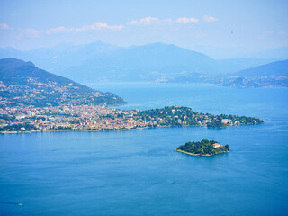 View from the hills of Stresa, in the background the city of Verbania, Lake Maggiore with Isola Madre, the mountains of Switzerland.
