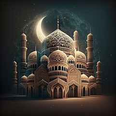 illustration of the fantastic architectural design of a Muslim mosque for the Ramadan concept. AI Generative, رمضان كريم 
