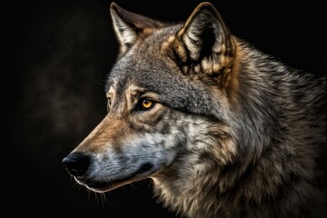 Close up picture of a gray wolf in Europe on a dark background. Generative AI