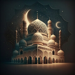 illustration of the fantastic architectural design of a Muslim mosque for the Ramadan concept. AI Generative, رمضان كريم 
