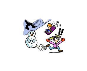 Cute blond hair little girl character wearing winter clothes running away scared from a boy snow sledding down a hill in a mountain winter landscape. Colorful cartoon style funny vector illustration.