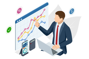 Isometric Business Analysis, Research, Strategy statistic, Planning, Marketing, Finance chart, Financial planning, Data analysis, Management strategy. Investment in securities Business partnership