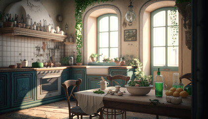 Fototapeta na wymiar Mediterranean style kitchen interior design illustration created using generative AI.