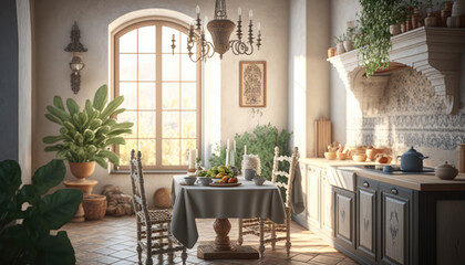 Mediterranean style kitchen interior design illustration created using generative AI.