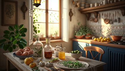 Mediterranean style kitchen interior design illustration created using generative AI.