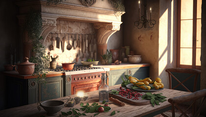Mediterranean style kitchen interior design illustration created using generative AI.