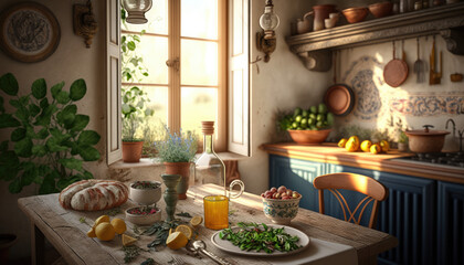 Mediterranean style kitchen interior design illustration created using generative AI.